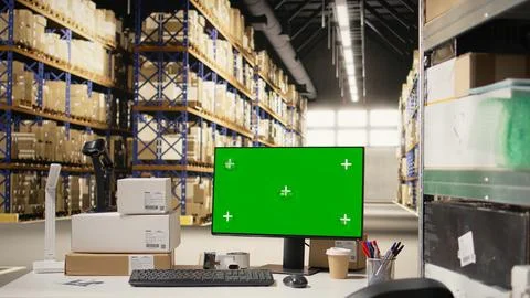 Empty warehouse with mockup display on computer monitor Foto stock