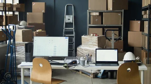 Empty Warehouse Office Desk with Computers and Logistics Software Stock Footage 337306260