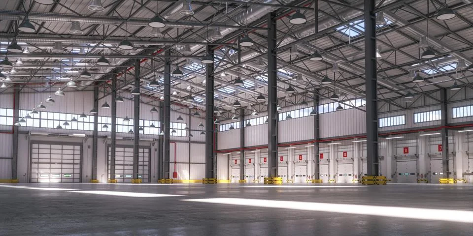 Empty warehouse or storehouse in daylight. 3d illustration Stock Illustration