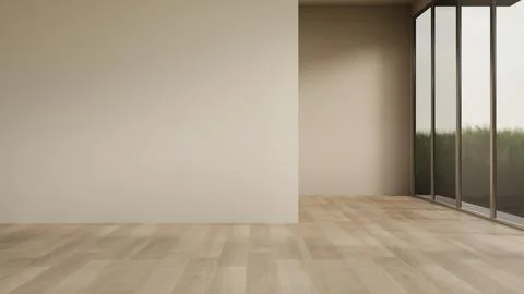 Empty warm white wall over wooden parquet floor in modern room's corridor a.. Ilustração Stock
