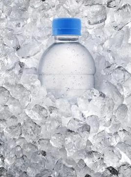 Empty water bottle, ice cubes background Illustrazione stock
