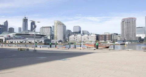 Empty Waterfront with City View at Docklands Melbourne Stock Footage 129349887