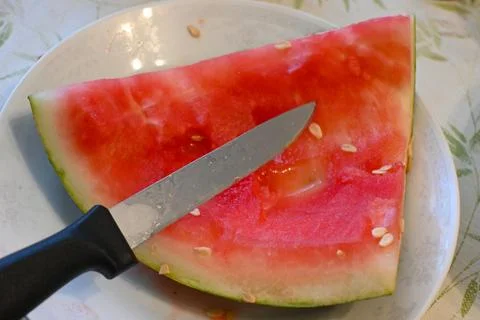 Empty watermelon rind on plate after eating fruit Stockfoto's