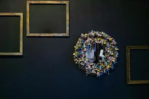 Empty weathered frames and round circle with flowers decorations Stock Photos