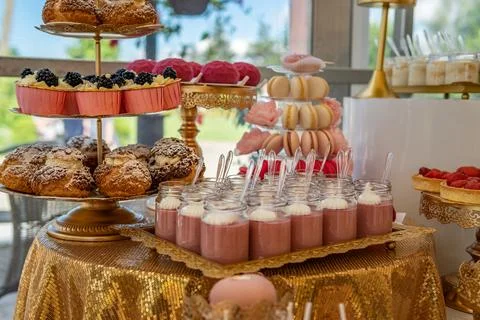 Empty Wedding Reception Dessert Table With Gold Accents Stock Photos