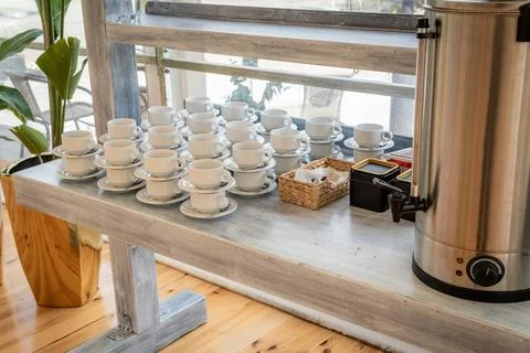 Empty Wedding Reception Hall With Coffee Station Stock Photos