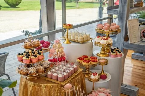 Empty Wedding Reception Hall Decorated With Dessert Table Stock Photos