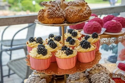 Empty Wedding Reception Hall With Delicious Dessert Spread Stock Photos