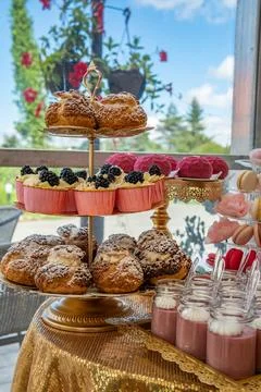 Empty Wedding Reception Hall With Dessert Display Stock Photos