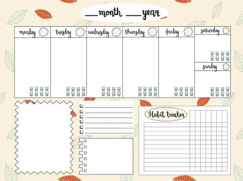 Empty weekly planner with water level tracker, space for notes, To do list Stock Illustration