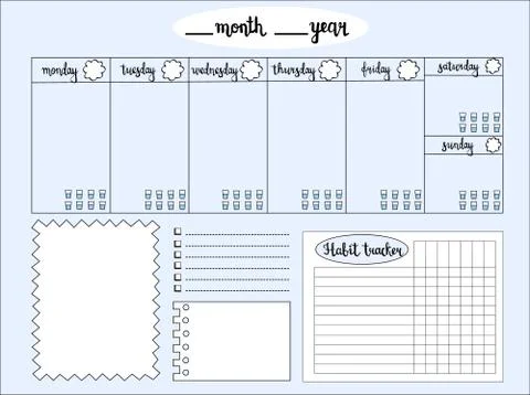 Empty weekly planner with water level tracker, space for notes, To do list Stock Illustration