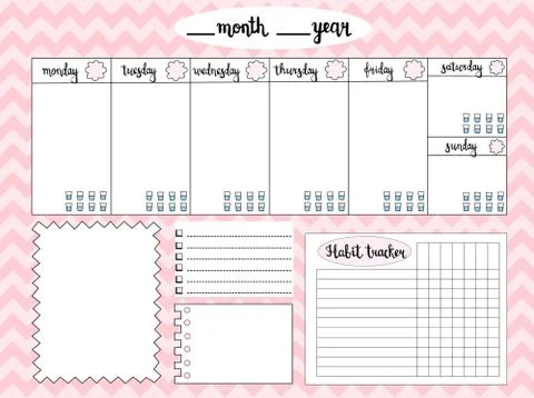 Empty weekly planner with water level tracker, space for notes, To do list an Stock Illustration