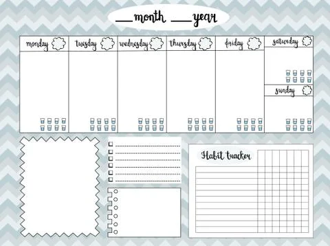 Empty weekly planner with water level tracker, space for notes, To do list Stock Illustration