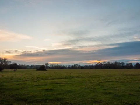 Empty wet grass field low light sunset landscape dedham plain empty no people Stock Photos