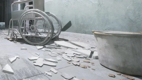Empty wheelchair beside broken tiles in a dim room with peeling walls Stock Footage 344552993