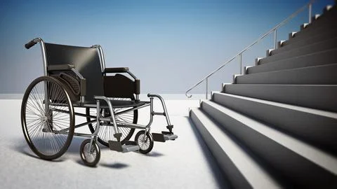 Empty wheelchair standing in front of steep staircase. 3D illustration Stock Illustration