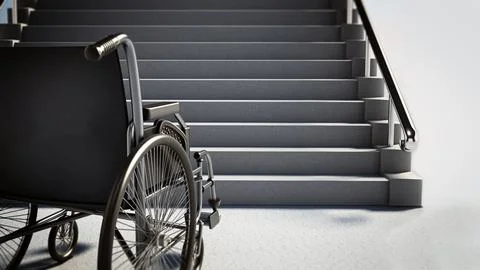Empty wheelchair standing in front of steep staircase. 3D illustration Illustrazione stock