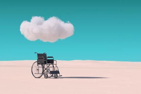 Empty Wheelchair under Cloud in Desert. 3d Rendering Stock Illustration