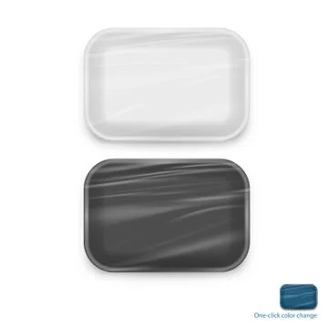 Empty White And Black Plastic Food Tray Container Wrap Pack Stock Illustration