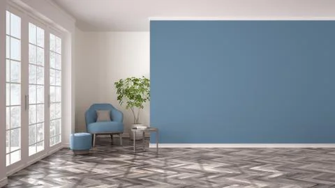 Empty white and blue interior with big panoramic window, armchair, pouf, tabl Illustrazione stock
