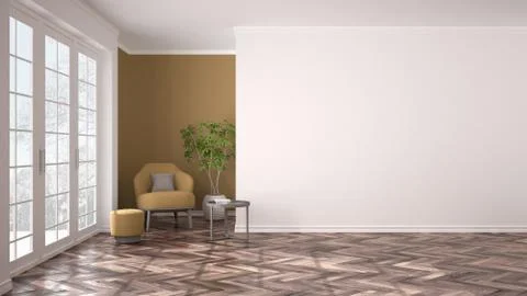 Empty white and orange interior with big panoramic window, armchair, pouf, ta Illustrazione stock