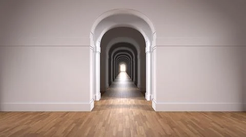 Empty white architectural interior with infinite arch doors, endless corridor Stock Illustration