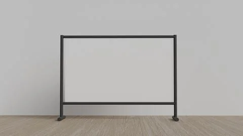 Empty white banner in black frame stand on light gray background on parquet a Stock Illustration