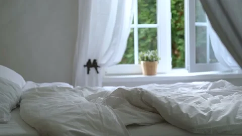 Empty white bed against a window with trees Stock Footage 200823459
