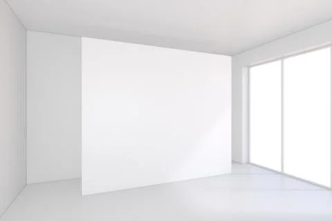 Empty white billboard in a big bright room. 3D rendering Illustrazione stock