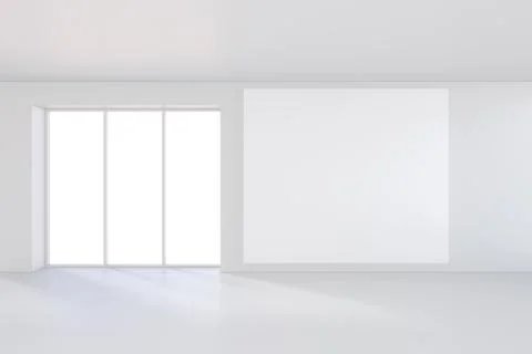 Empty white billboard in a big bright room. 3D rendering Illustrazione stock