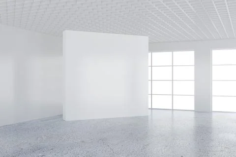 Empty white billboard in a big bright room. 3D rendering Illustrazione stock