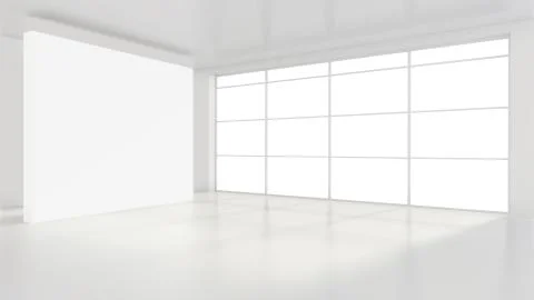 Empty white billboard in a big bright room. 3D rendering Ilustração Stock