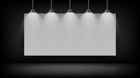Empty white board mockup on black wall with light bulb on the top Stock Illustration
