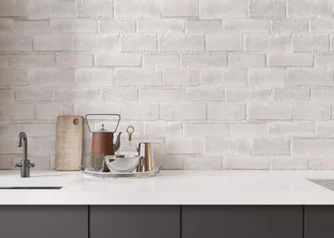 Empty white brick wall in kitchen. Mock up interior. Close up view. Free, cop Stock Photos