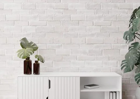 Empty, white brick wall. Mock up interior in contemporary style. Close up vie Stock Photos