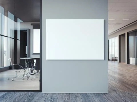 Empty white canvas on the office gray wall. 3d rendering Illustrazione stock