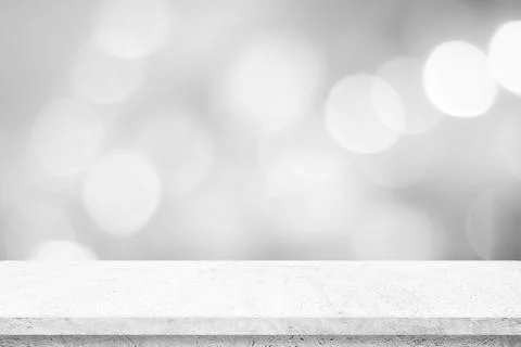 Empty white cement table over blur store background, product display montage, Stock Photos