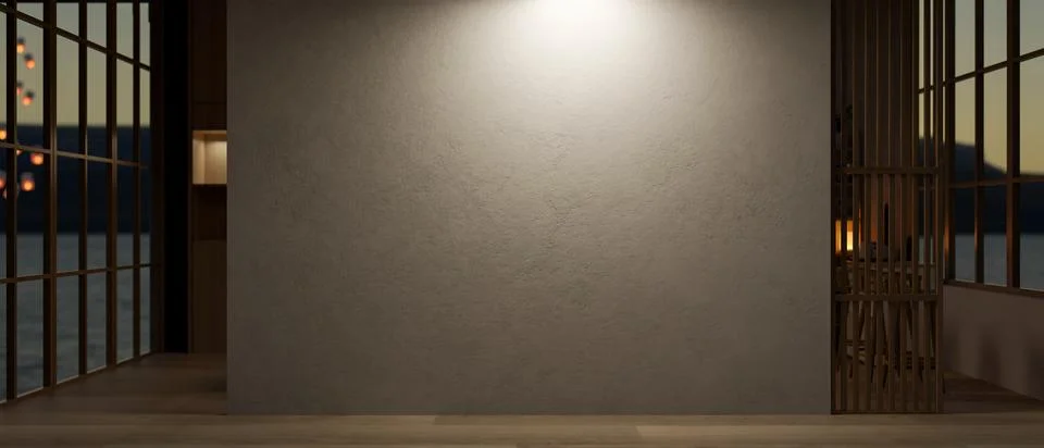 An empty white cement wall with dim light in a modern, luxurious building w.. Ilustración de archivo