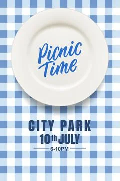 Empty white ceramic plate on blue checkered tablecloth or plaid. Picnic banne Stock Illustration