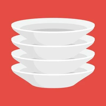 Empty white ceramic plate in stack, isolated clean kitchenware vector Illustrazione stock