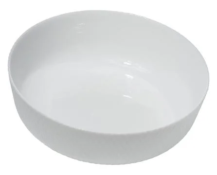 Empty white ceramic round salad plate on isolated background Stock Photos
