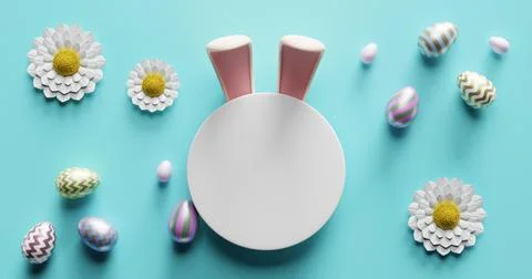 Empty white circle in the ears of a rabbit, Easter eggs, chamomile flowers. Illustrazione stock