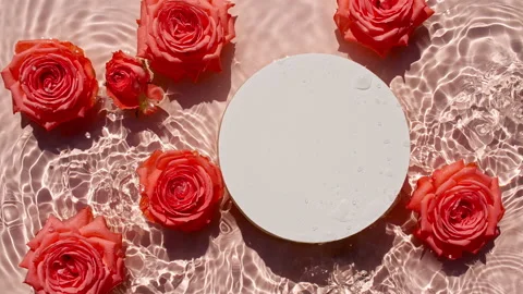 Empty white circle podium on transparent water texture and flowers of roses Stock Footage 221841461