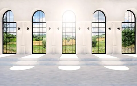 Empty white classic hall with arch windows and sun ray Ilustración de archivo
