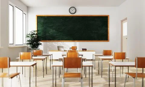 Empty white classroom background with green chalkboard table and seat on wo.. Stock Illustration
