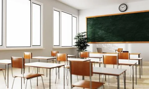 Empty white classroom background with green chalkboard table and seat on wo.. Stock Illustration