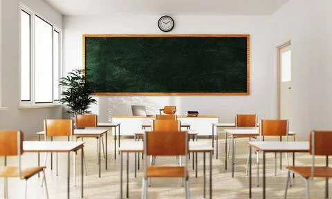 Empty white classroom background with green chalkboard table and seat on w... Stock Photos