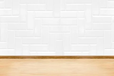 Empty white clean ceramic tile wall and wood floor background,Minimal simple  Stock Photos