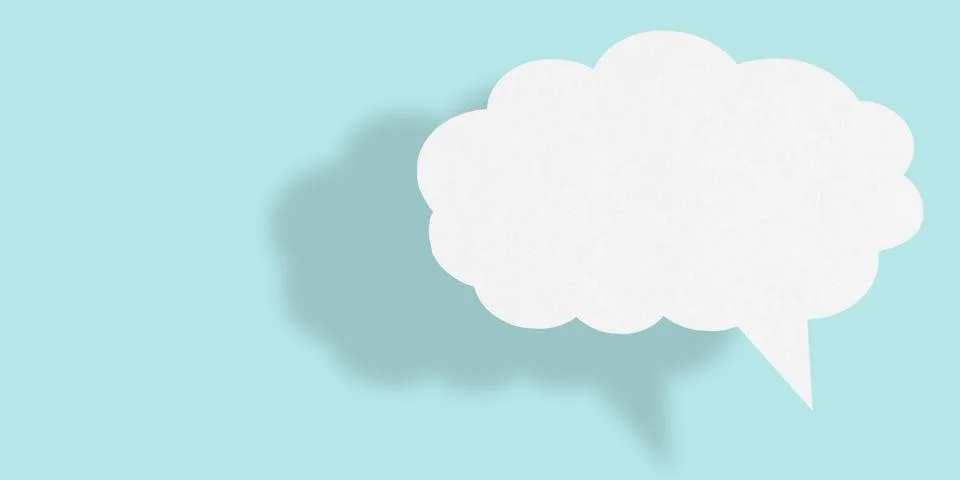 Empty white cloud paper speech bubble shape against light blue background. Illustrazione stock
