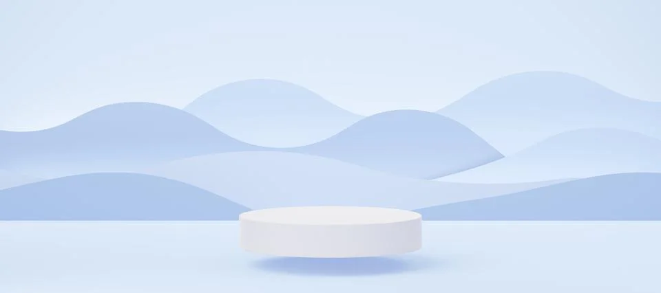 Empty white cylinder podium floating on blue wave background. Abstract past.. Stock Illustration